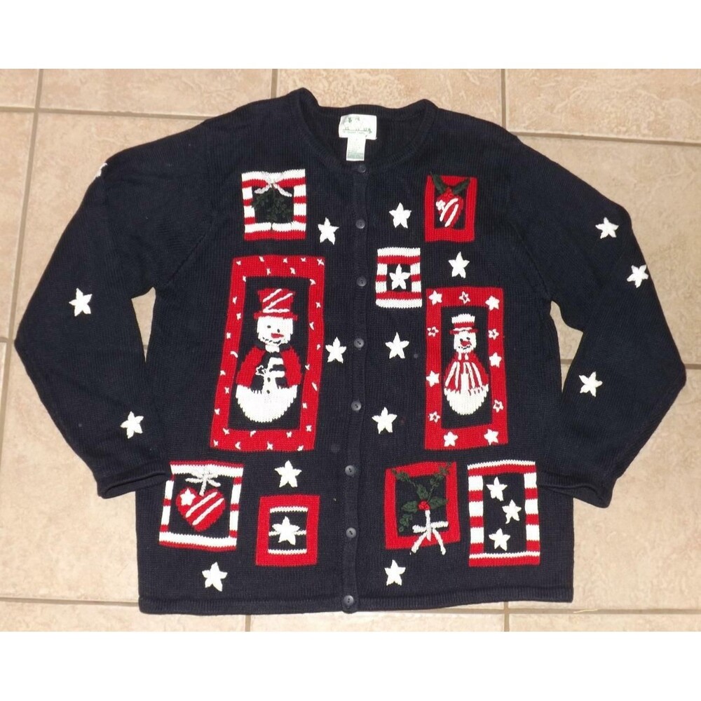QUACKER FACTORY Blue Sz Large Embroidered Snowmen Cozy Cardigan Sweater LIKE NEW